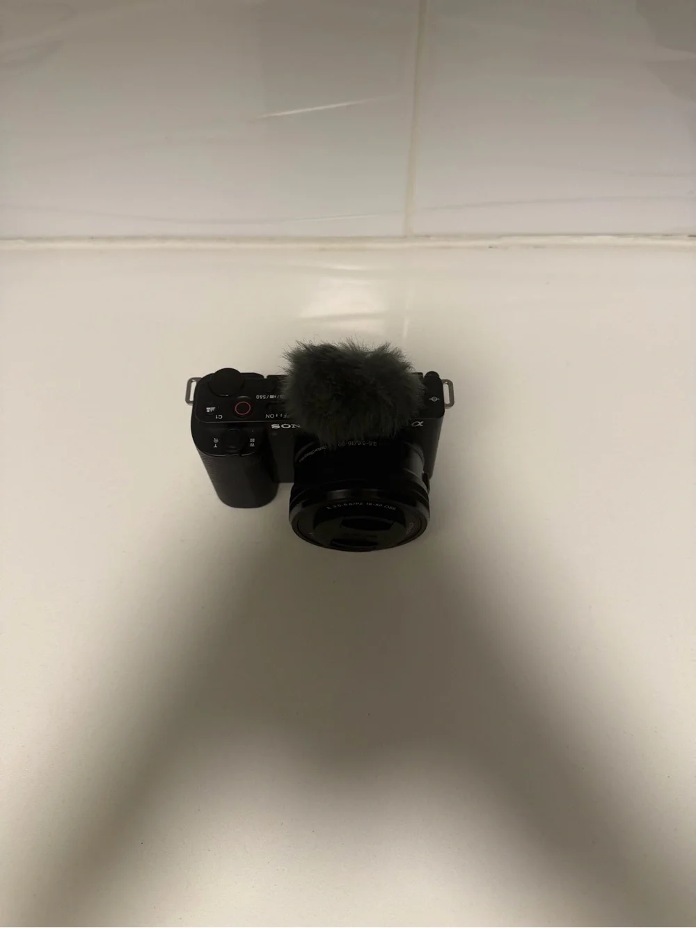 Sony Black Mirrorless Camera with Lens and Gray Wind Muff